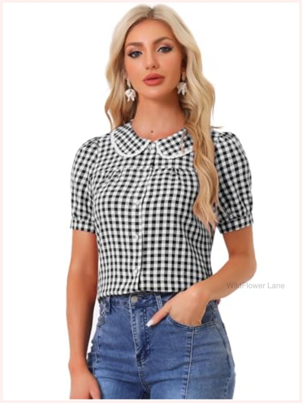 Gingham Plaid Button Down Shirt Puff Sleeve Peter Pan Collar